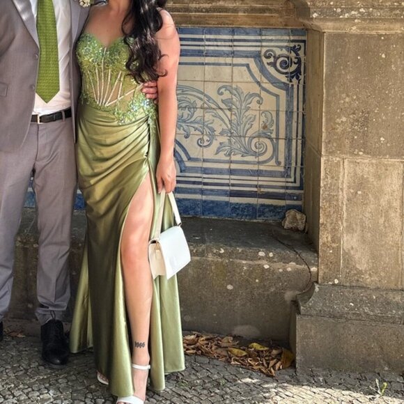 Olive Green Prom Evening Gown Beaded Corset Satin Dress Side Slit - Picture 2 of 9